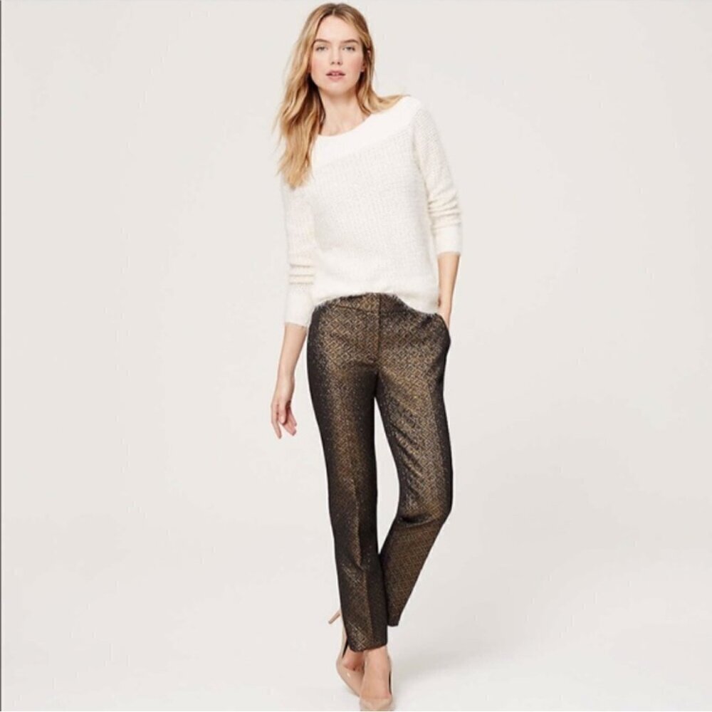 NWT Ann Taylor LOFT Shiny Gold Brocade Jacquard Marisa Ankle Pants, Size 8